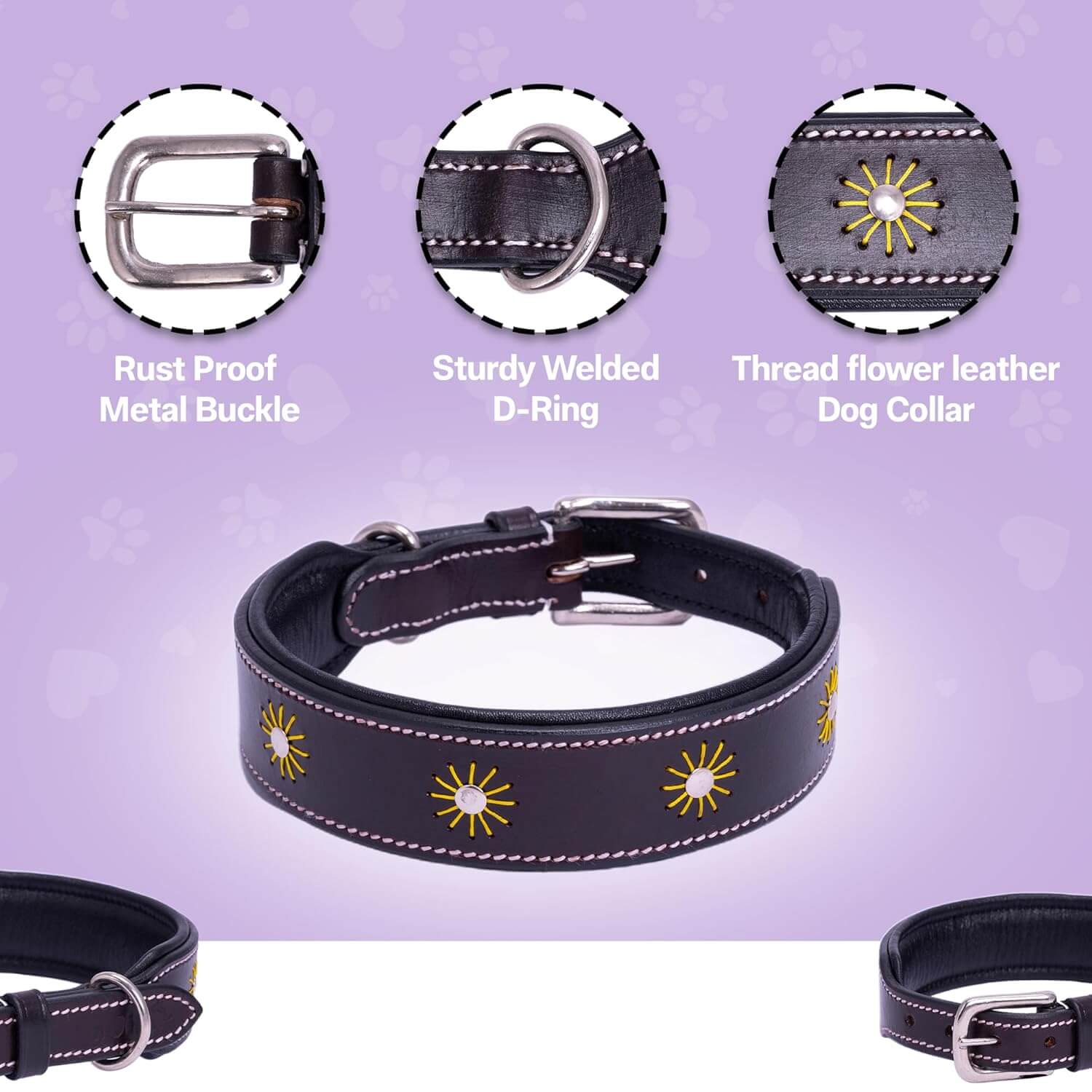 Adil’S Leather Dog Collar Thread Flower Design 1.5 width Adjustable Collars for Small Medium & Large Dogs, Made up Genuine Leather with Strong Metal Buckle